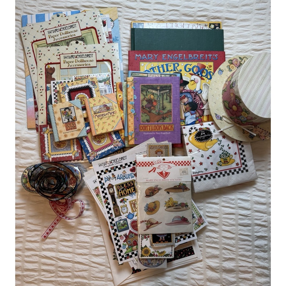 Large Lot Of Mary Engelbreit Stickers Ribbons Paper dolls Books Cards Napkins